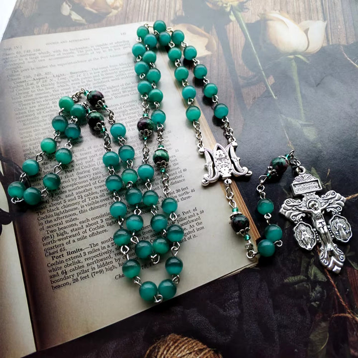 Christianartworkshop Miraculous Medal & St. Benedict Medal & Crucifix of 8 mm Round Green Cat's Eye Stone Alloy Chain Rosary - image 2