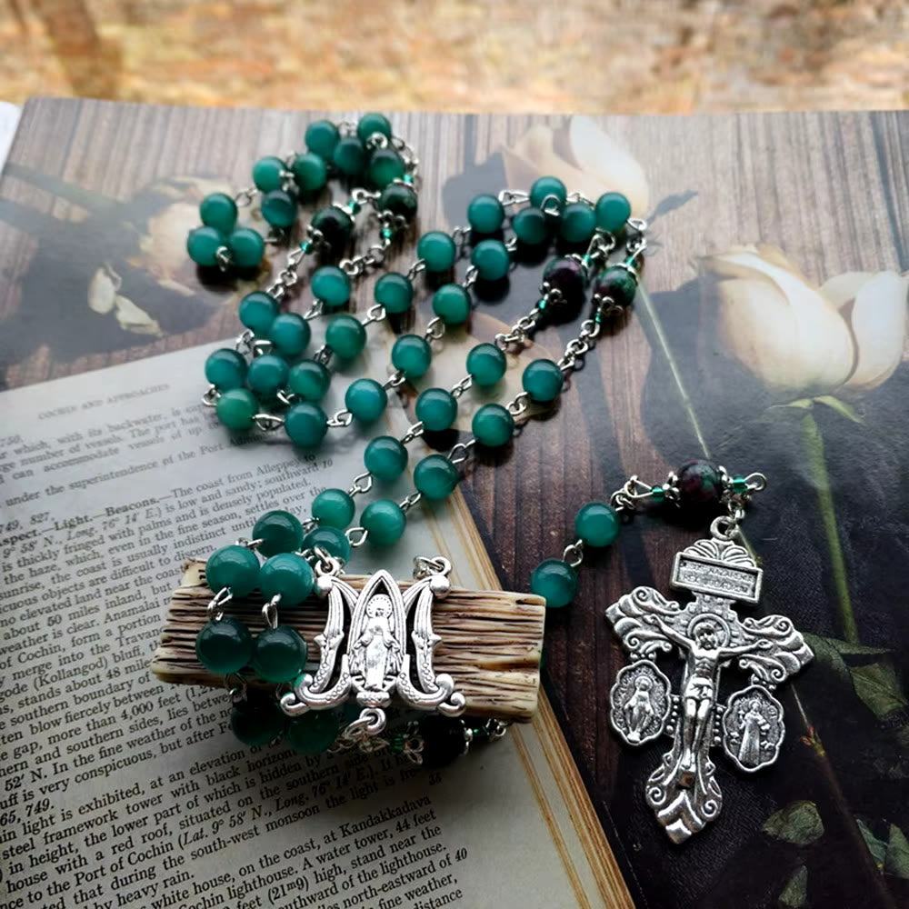 Christianartworkshop Miraculous Medal & St. Benedict Medal & Crucifix of 8 mm Round Green Cat's Eye Stone Alloy Chain Rosary - image 4