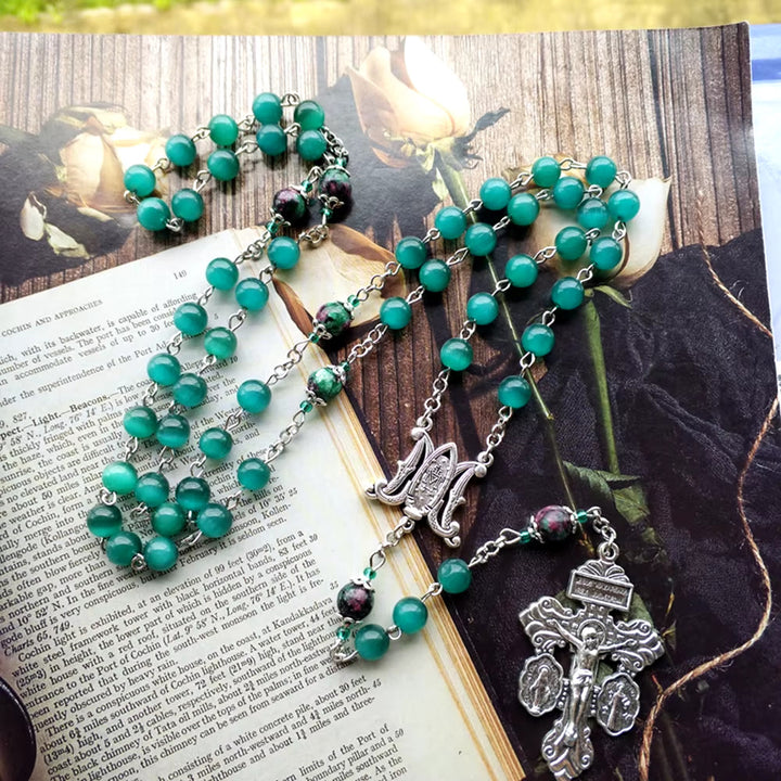 Christianartworkshop Miraculous Medal & St. Benedict Medal & Crucifix of 8 mm Round Green Cat's Eye Stone Alloy Chain Rosary - image 3