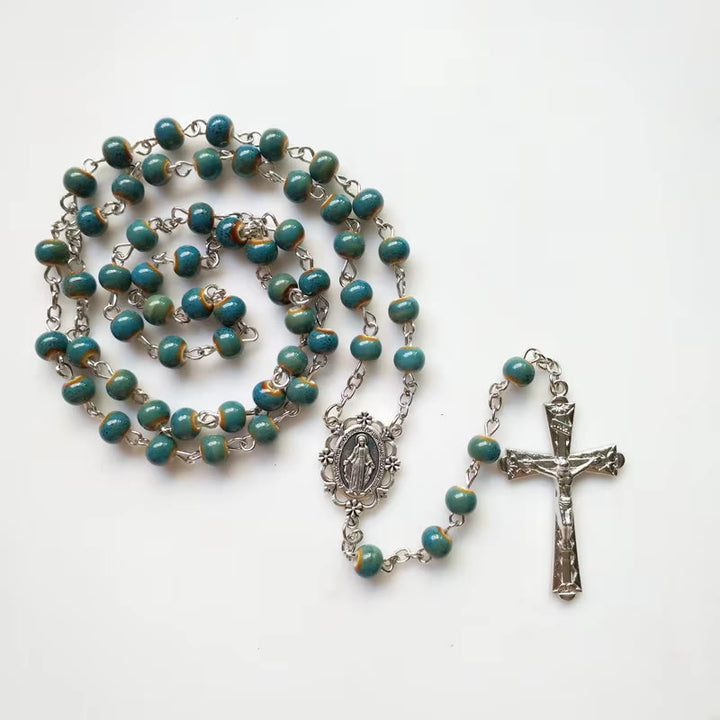 Christianartworkshop Miraculous Medal & Crucifix of 6 mm Round Blue Ceramic Alloy Chain Rosary - Blue - image 1