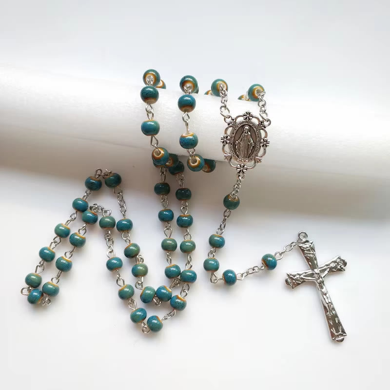 Christianartworkshop Miraculous Medal & Crucifix of 6 mm Round Blue Ceramic Alloy Chain Rosary - image 2