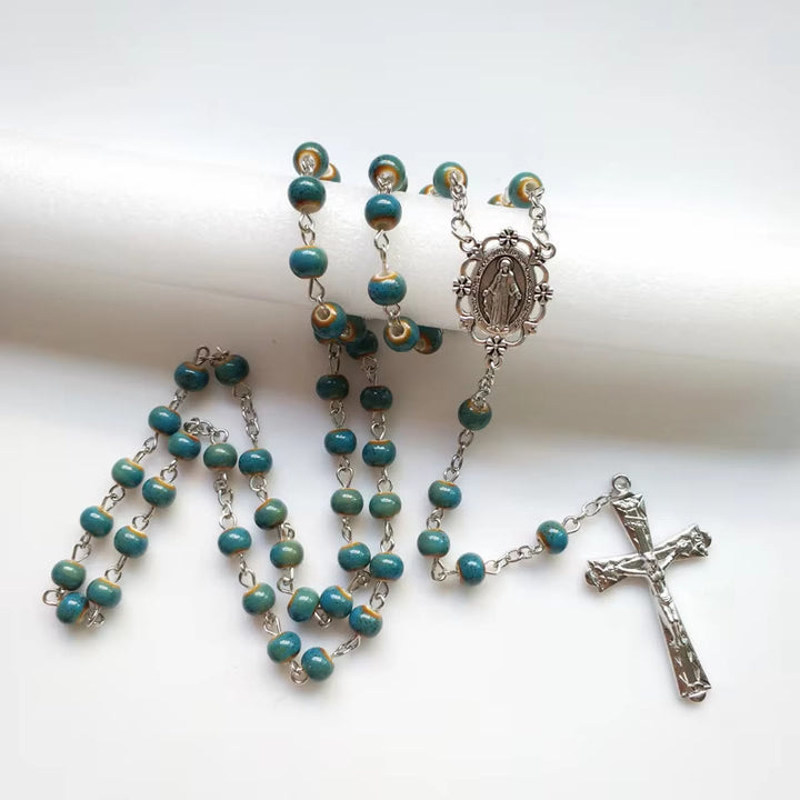 Christianartworkshop Miraculous Medal & Crucifix of 6 mm Round Blue Ceramic Alloy Chain Rosary - image 2