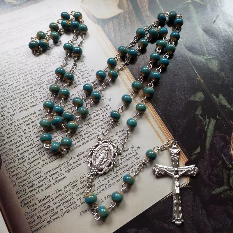 Christianartworkshop Miraculous Medal & Crucifix of 6 mm Round Blue Ceramic Alloy Chain Rosary - image 5
