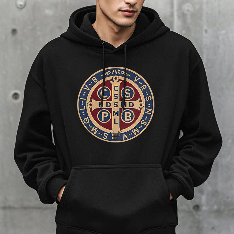 Christianartworkshop Classic Colored Style St. Benedict Protector Fleece Lined Polyester Hoodie - image 2