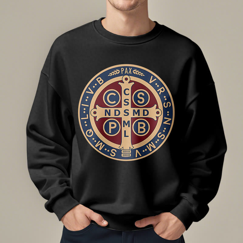 Christianartworkshop Classic Colored Style St. Benedict Protector Fleece Lined Polyester Sweatshirt - image 2