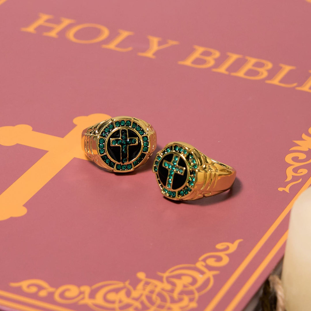 Christianartworkshop Retro Style Green Gemstones Cross Golden Alloy Ring - image 3