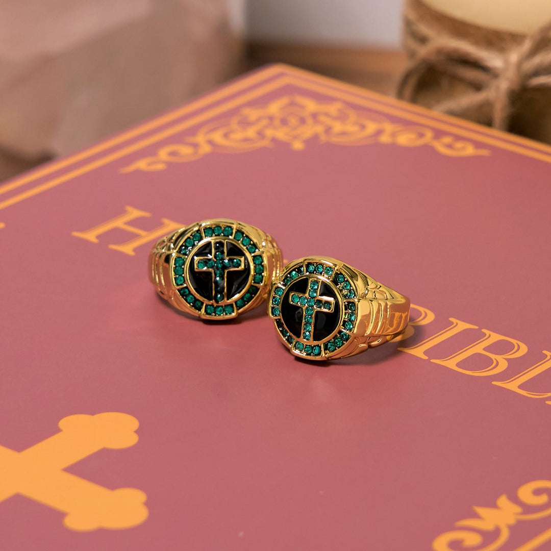 Christianartworkshop Retro Style Green Gemstones Cross Golden Alloy Ring - US13 - image 1