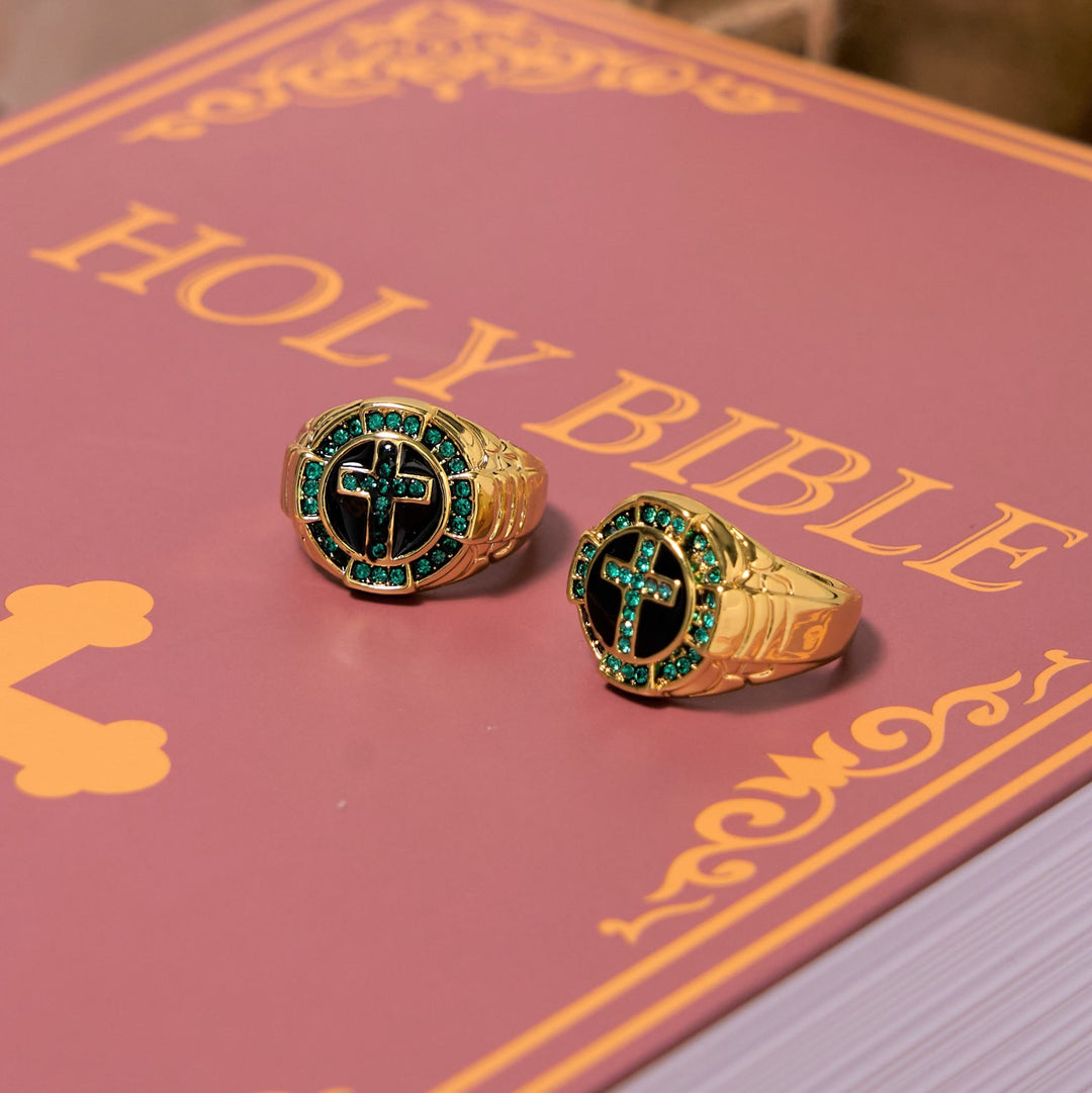 Christianartworkshop Retro Style Green Gemstones Cross Golden Alloy Ring - image 3