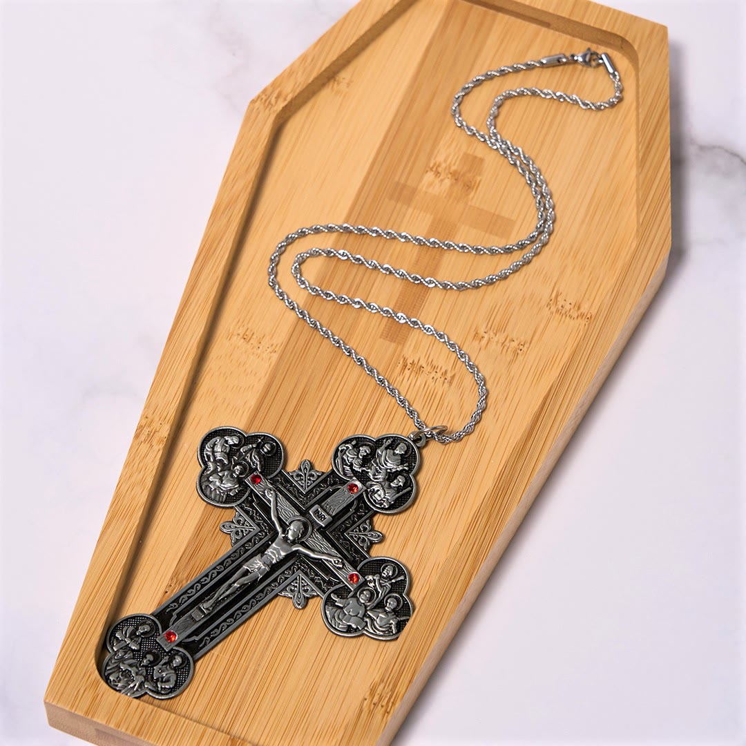 Christianartworkshop Classic Style Ornate Crucifix with All Saint Iconography & Red Gems Accents Pendant Necklace - image 13