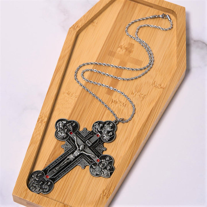 Christianartworkshop Classic Style Ornate Crucifix with All Saint Iconography & Red Gems Accents Pendant Necklace - image 13