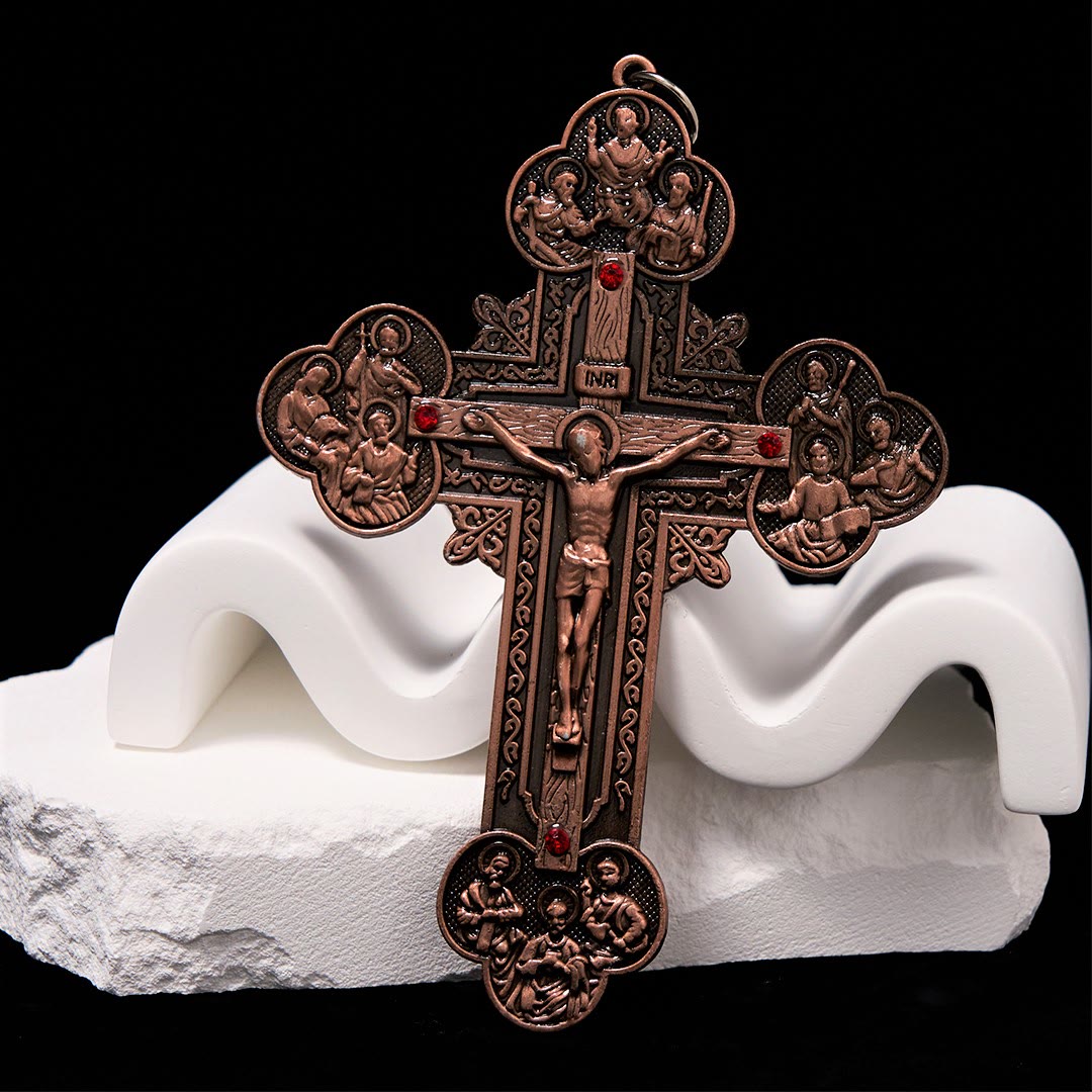 Christianartworkshop Classic Style Ornate Crucifix with All Saint Iconography & Red Gems Accents Pendant Necklace - image 8