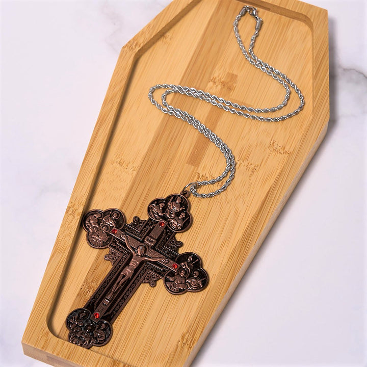 Christianartworkshop Classic Style Ornate Crucifix with All Saint Iconography & Red Gems Accents Pendant Necklace - image 10
