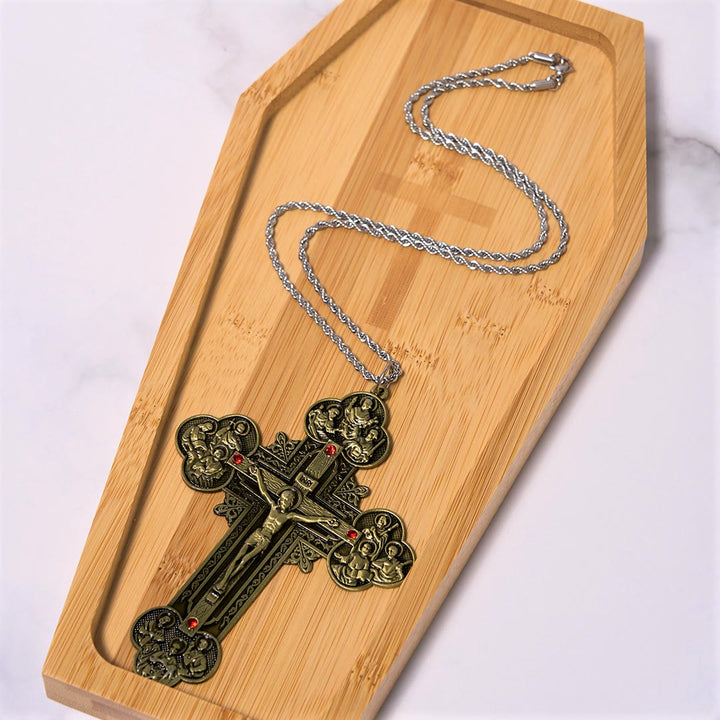 Christianartworkshop Classic Style Ornate Crucifix with All Saint Iconography & Red Gems Accents Pendant Necklace - image 7