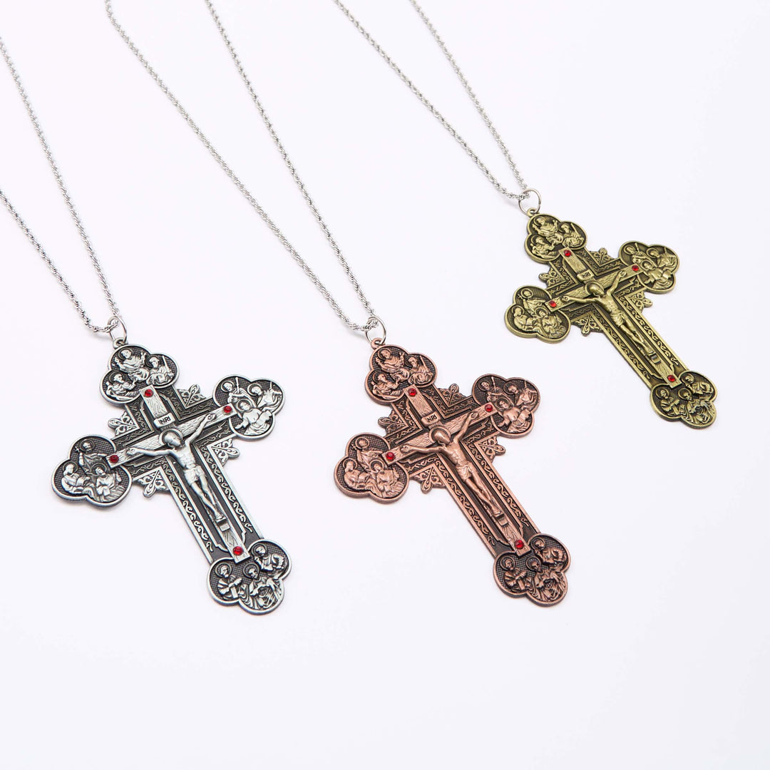 Christianartworkshop Classic Style Ornate Crucifix with All Saint Iconography & Red Gems Accents Pendant Necklace - image 4