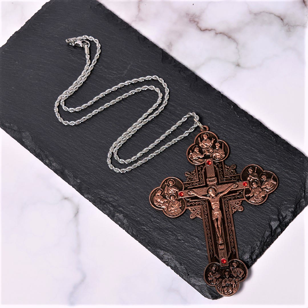 Christianartworkshop Classic Style Ornate Crucifix with All Saint Iconography & Red Gems Accents Pendant Necklace - image 9