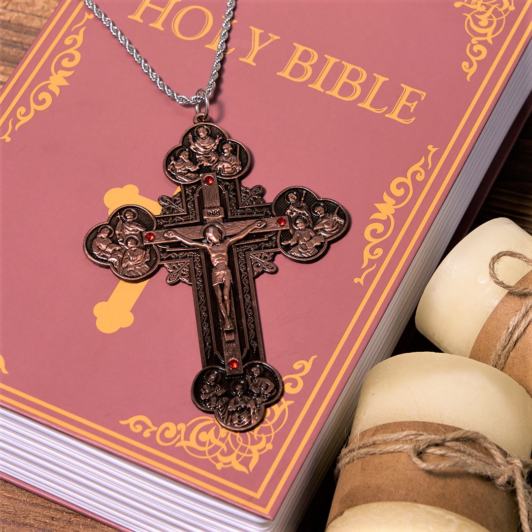Christianartworkshop Classic Style Ornate Crucifix with All Saint Iconography & Red Gems Accents Pendant Necklace - image 15