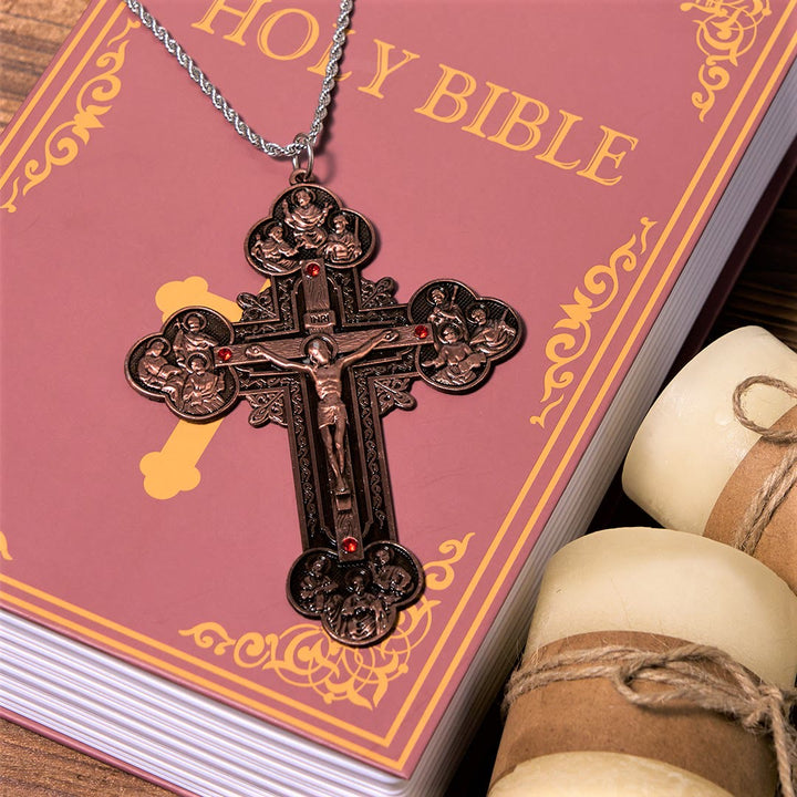 Christianartworkshop Classic Style Ornate Crucifix with All Saint Iconography & Red Gems Accents Pendant Necklace - image 15