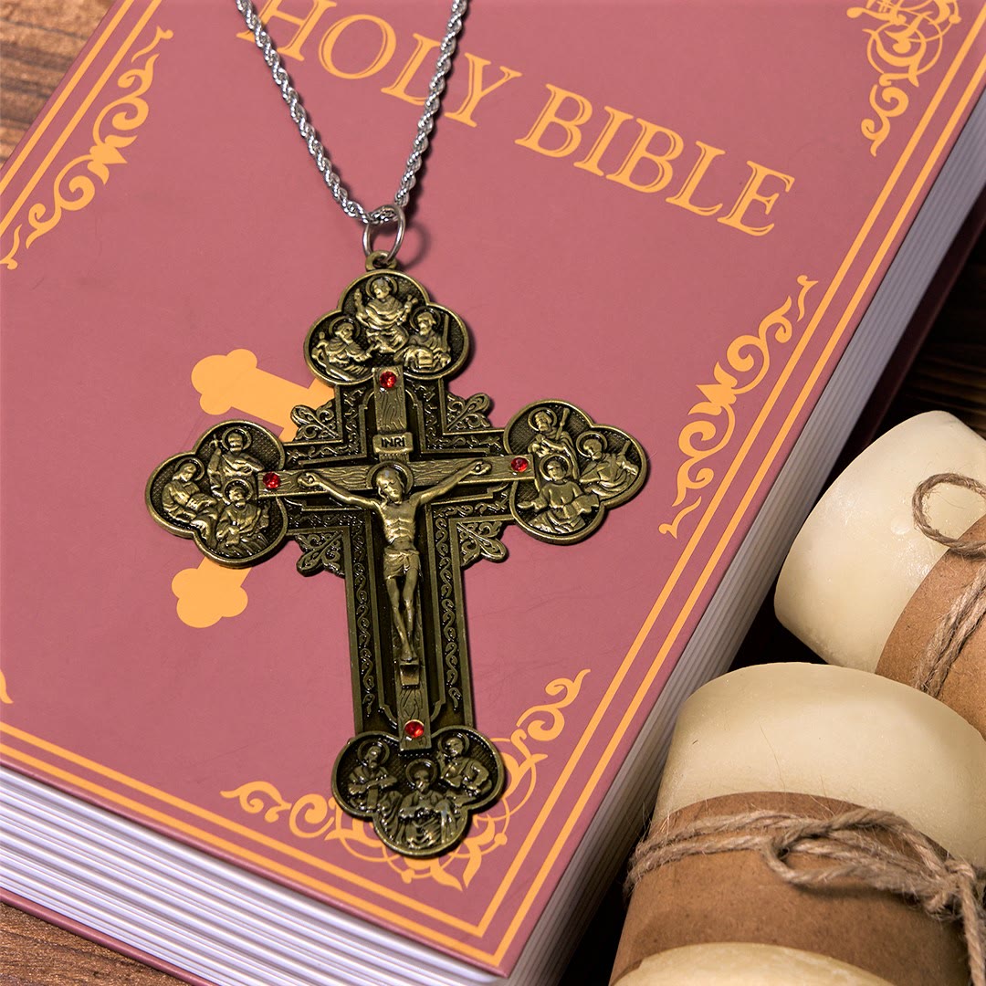 Christianartworkshop Classic Style Ornate Crucifix with All Saint Iconography & Red Gems Accents Pendant Necklace - image 14