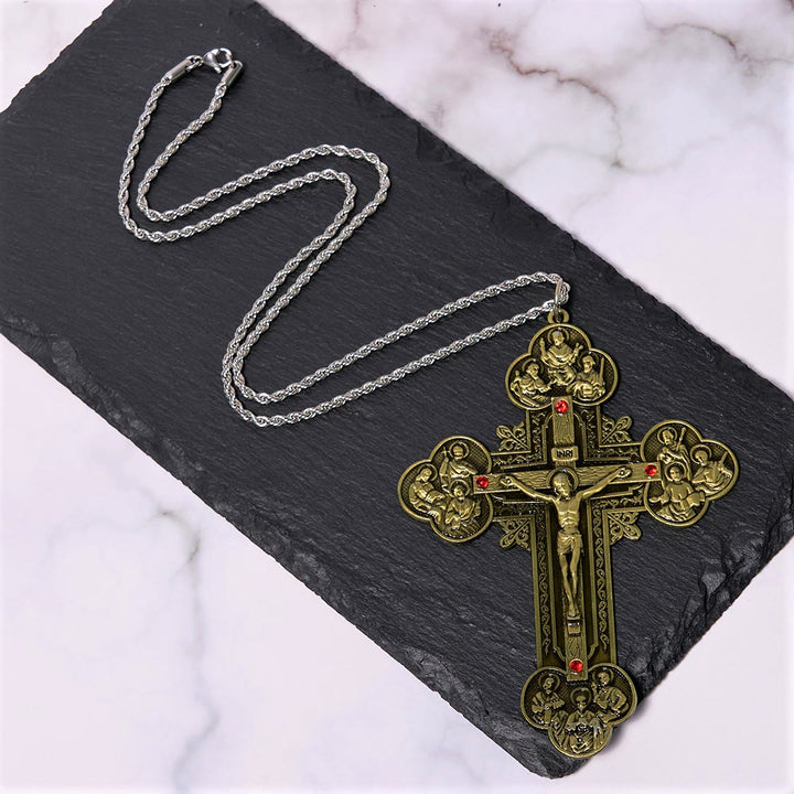 Christianartworkshop Classic Style Ornate Crucifix with All Saint Iconography & Red Gems Accents Pendant Necklace - image 6