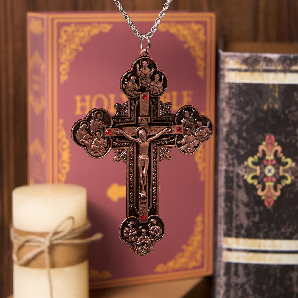 Christianartworkshop Classic Style Ornate Crucifix with All Saint Iconography & Red Gems Accents Pendant Necklace - Copper - image 2