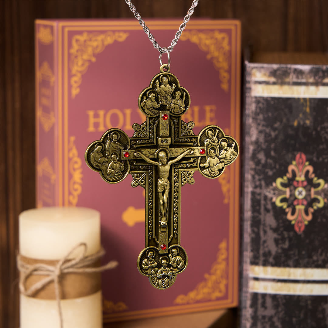 Christianartworkshop Classic Style Ornate Crucifix with All Saint Iconography & Red Gems Accents Pendant Necklace - Bronze - image 1
