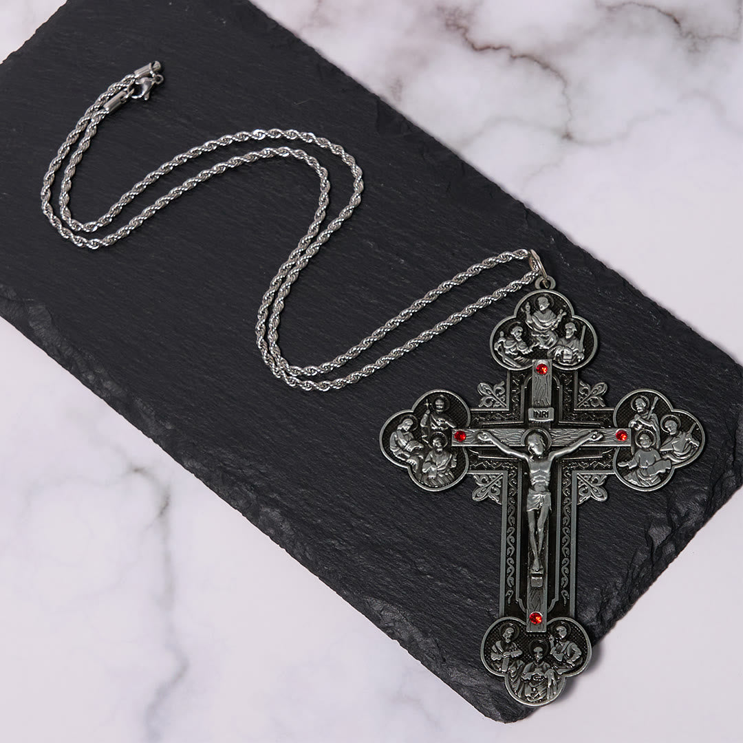 Christianartworkshop Classic Style Ornate Crucifix with All Saint Iconography & Red Gems Accents Pendant Necklace - image 12