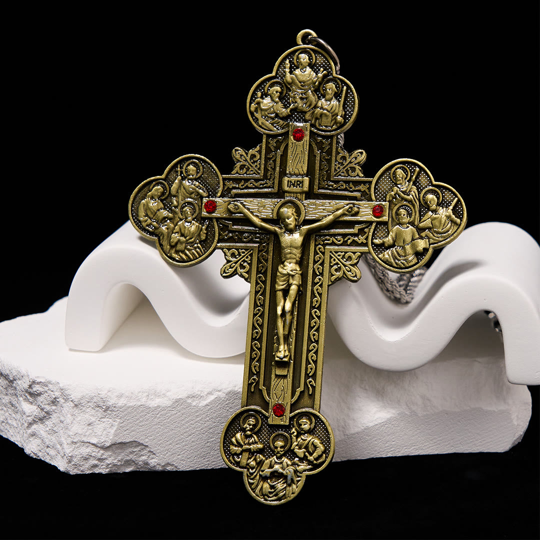 Christianartworkshop Classic Style Ornate Crucifix with All Saint Iconography & Red Gems Accents Pendant Necklace - image 5