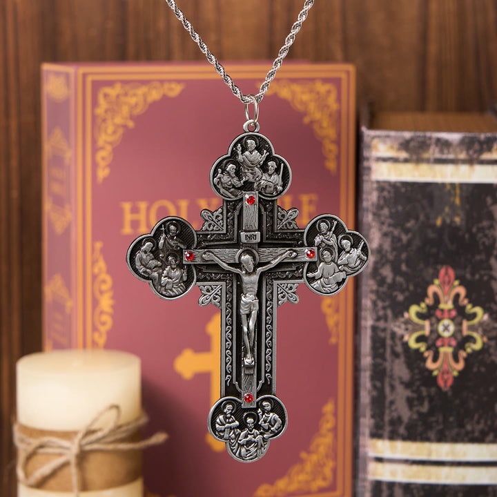 Christianartworkshop Classic Style Ornate Crucifix with All Saint Iconography & Red Gems Accents Pendant Necklace - Silver - image 3