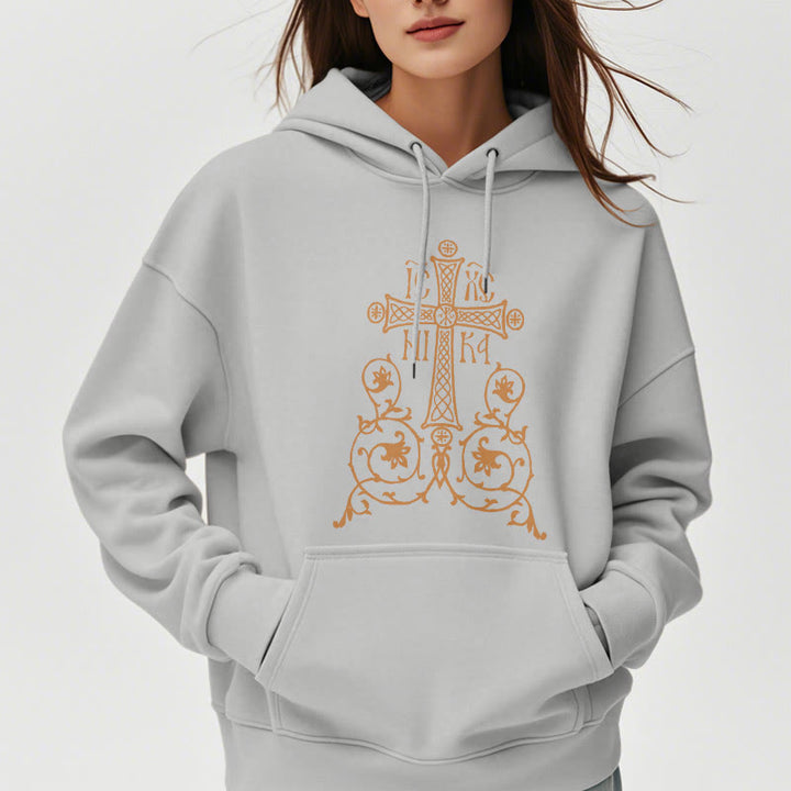 Christianartworkshop Classic Style Sacred Cross Emblem Floral Vines Fleece Lined Polyester Hoodie - image 32