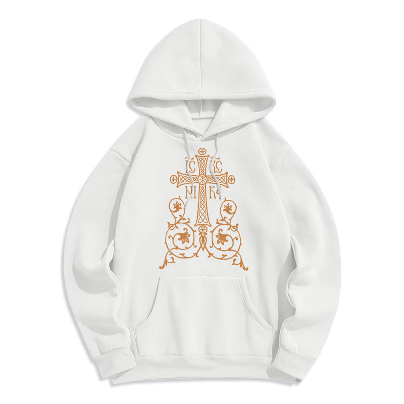 Christianartworkshop Classic Style Sacred Cross Emblem Floral Vines Fleece Lined Polyester Hoodie - White - 2XL - image 6