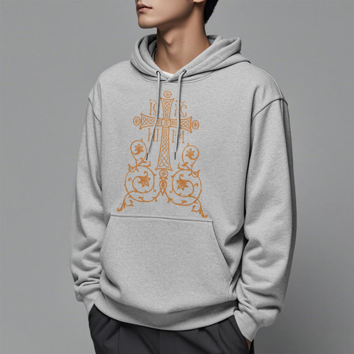Christianartworkshop Classic Style Sacred Cross Emblem Floral Vines Fleece Lined Polyester Hoodie - image 33