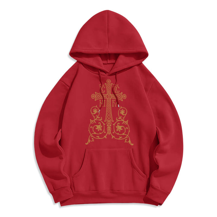 Christianartworkshop Classic Style Sacred Cross Emblem Floral Vines Fleece Lined Polyester Hoodie - Red - 2XL - image 36