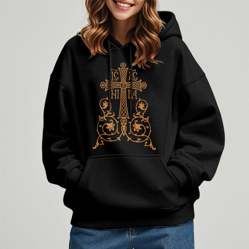 Christianartworkshop Classic Style Sacred Cross Emblem Floral Vines Fleece Lined Polyester Hoodie - image 2