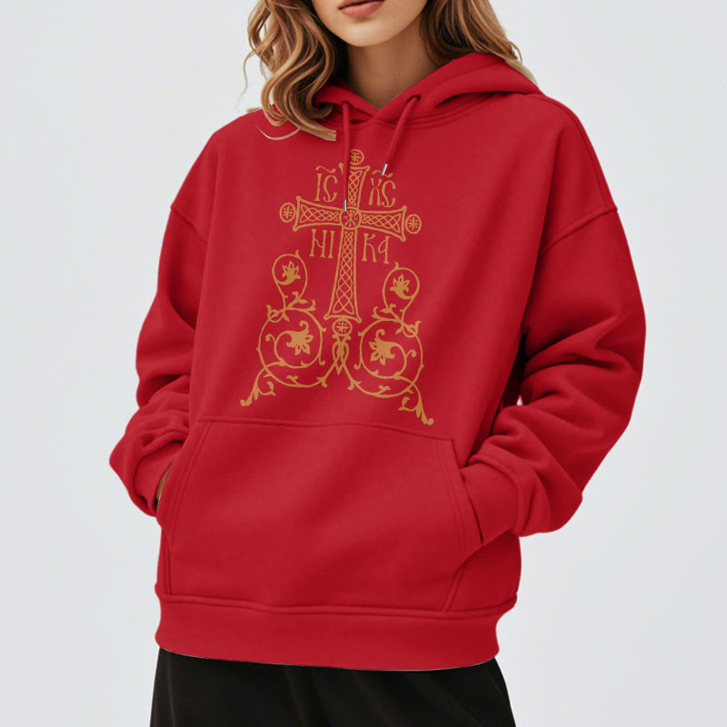 Christianartworkshop Classic Style Sacred Cross Emblem Floral Vines Fleece Lined Polyester Hoodie - image 38
