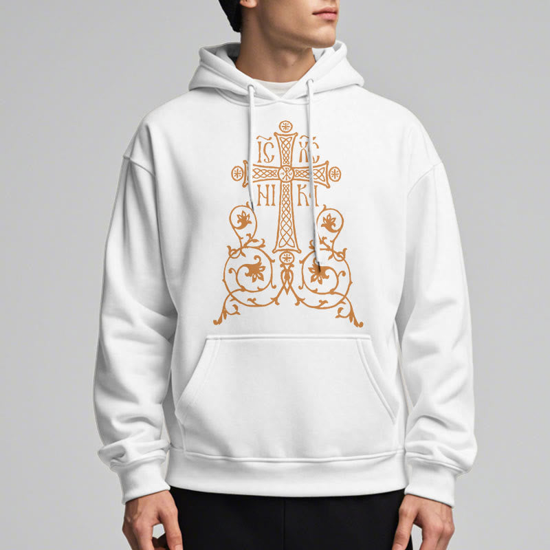 Christianartworkshop Classic Style Sacred Cross Emblem Floral Vines Fleece Lined Polyester Hoodie - image 9