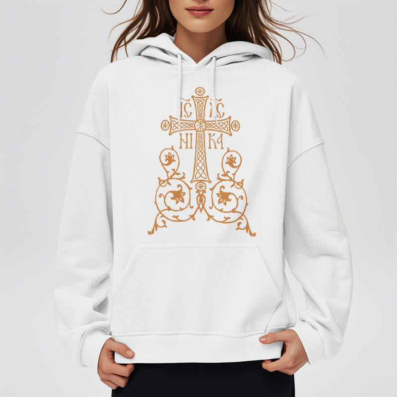 Christianartworkshop Classic Style Sacred Cross Emblem Floral Vines Fleece Lined Polyester Hoodie - image 8