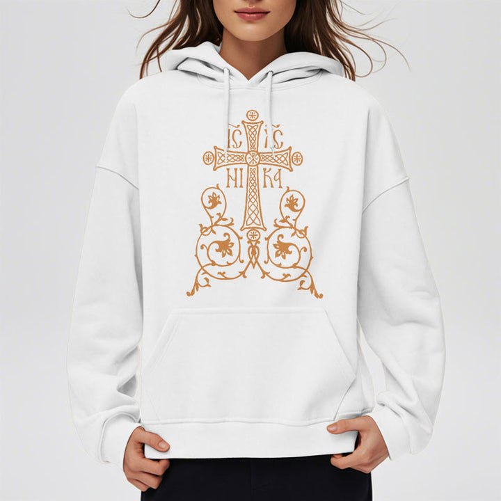 Christianartworkshop Classic Style Sacred Cross Emblem Floral Vines Fleece Lined Polyester Hoodie - image 8
