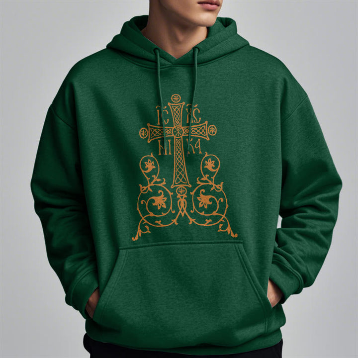 Christianartworkshop Classic Style Sacred Cross Emblem Floral Vines Fleece Lined Polyester Hoodie - image 23