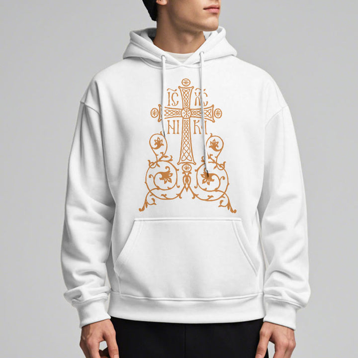 Christianartworkshop Classic Style Sacred Cross Emblem Floral Vines Fleece Lined Polyester Hoodie - image 8