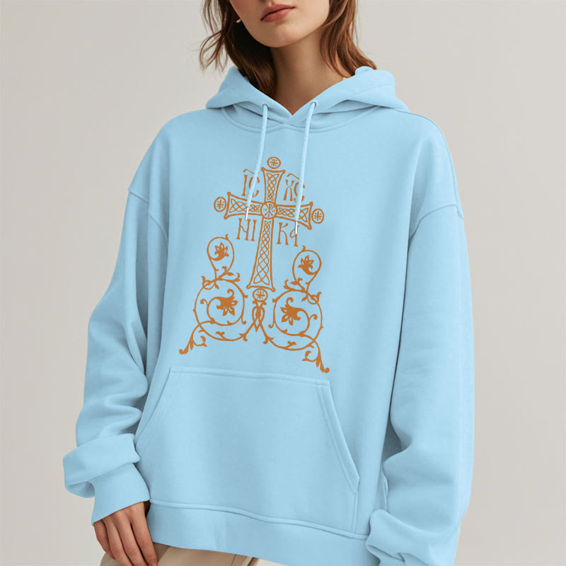 Christianartworkshop Classic Style Sacred Cross Emblem Floral Vines Fleece Lined Polyester Hoodie - image 29