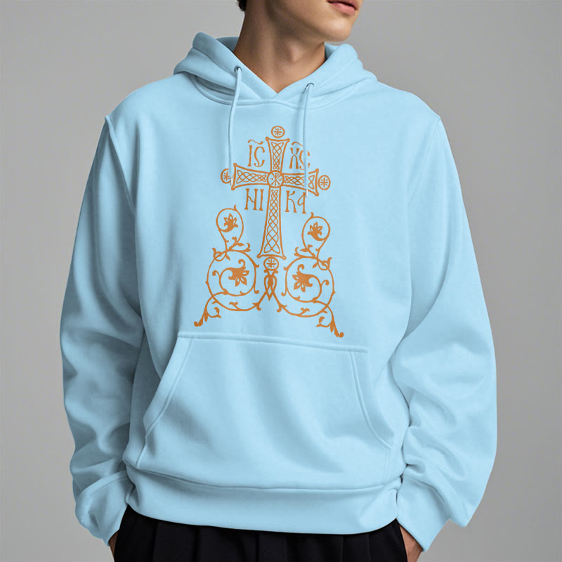 Christianartworkshop Classic Style Sacred Cross Emblem Floral Vines Fleece Lined Polyester Hoodie - image 28