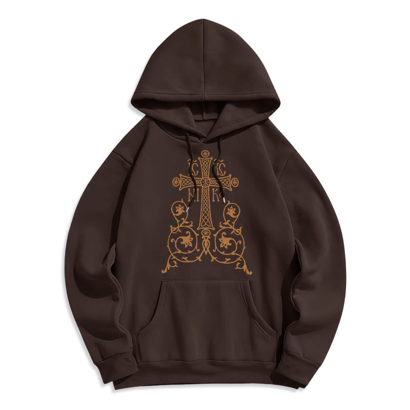 Christianartworkshop Classic Style Sacred Cross Emblem Floral Vines Fleece Lined Polyester Hoodie - Brown - 2XL - image 16