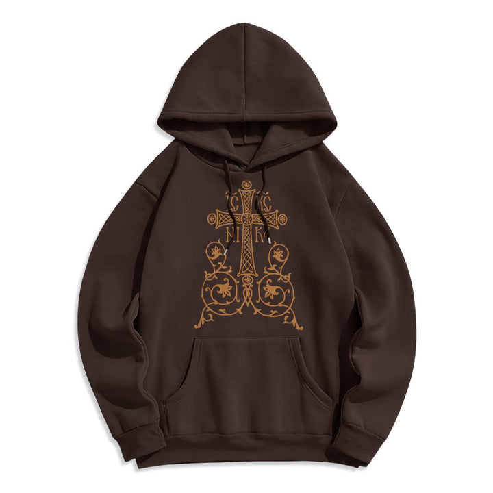 Christianartworkshop Classic Style Sacred Cross Emblem Floral Vines Fleece Lined Polyester Hoodie - Brown - 2XL - image 16