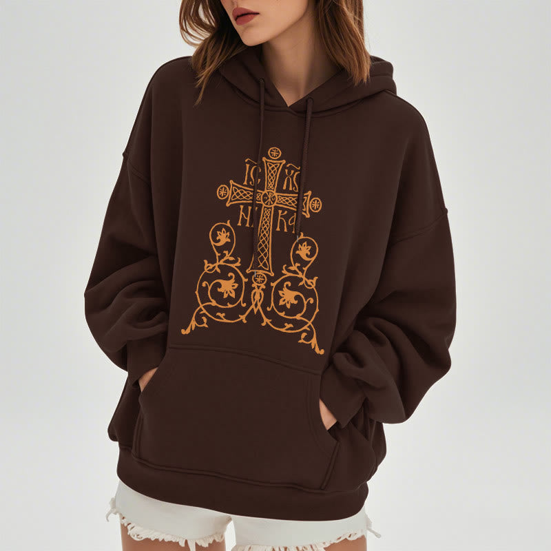 Christianartworkshop Classic Style Sacred Cross Emblem Floral Vines Fleece Lined Polyester Hoodie - image 19