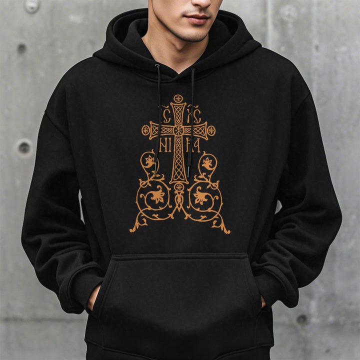 Christianartworkshop Classic Style Sacred Cross Emblem Floral Vines Fleece Lined Polyester Hoodie - image 3