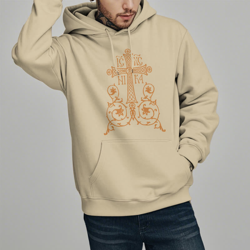 Christianartworkshop Classic Style Sacred Cross Emblem Floral Vines Fleece Lined Polyester Hoodie - image 12