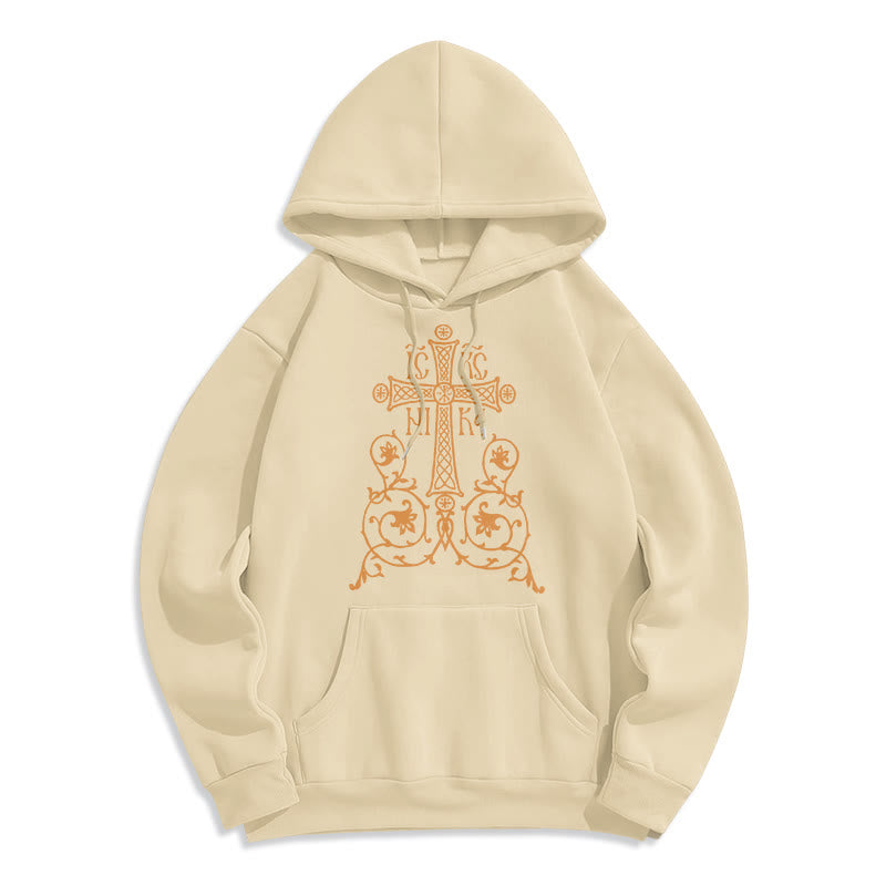 Christianartworkshop Classic Style Sacred Cross Emblem Floral Vines Fleece Lined Polyester Hoodie - Beige - 2XL - image 11