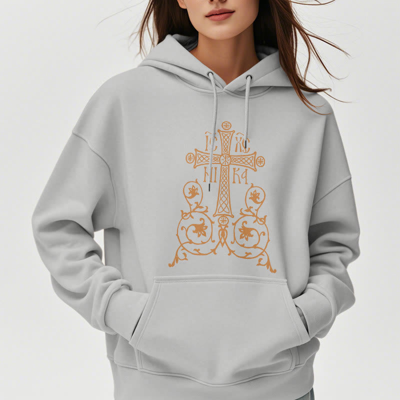 Christianartworkshop Classic Style Sacred Cross Emblem Floral Vines Fleece Lined Polyester Hoodie - image 33
