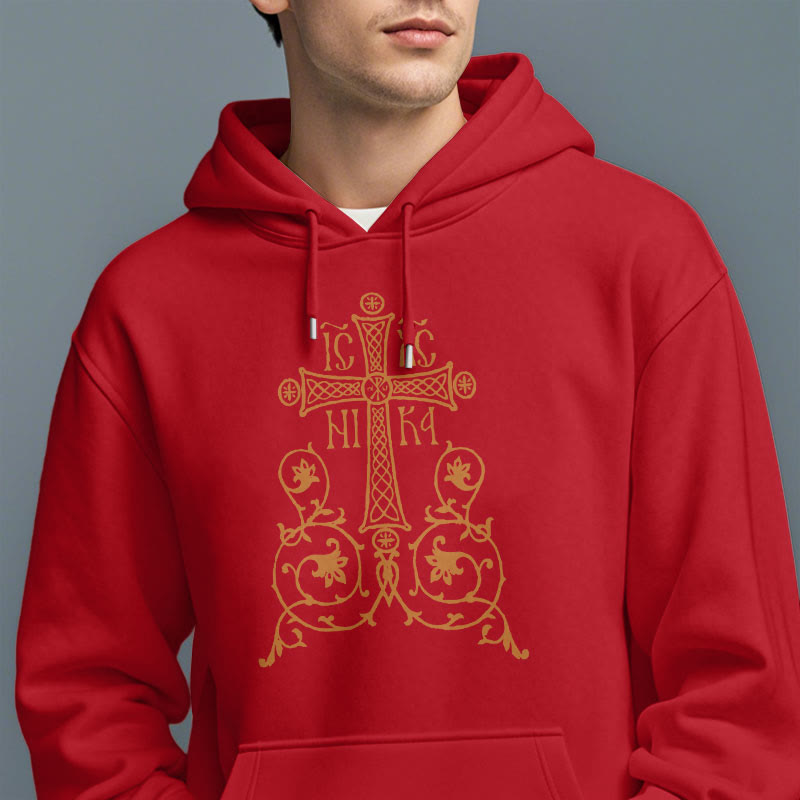 Christianartworkshop Classic Style Sacred Cross Emblem Floral Vines Fleece Lined Polyester Hoodie - image 39