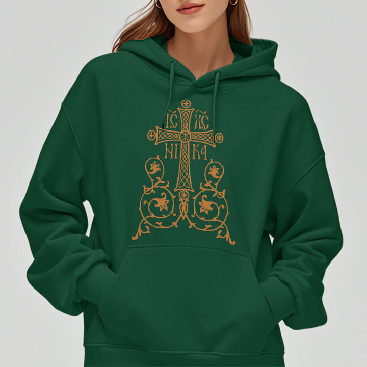 Christianartworkshop Classic Style Sacred Cross Emblem Floral Vines Fleece Lined Polyester Hoodie - image 24